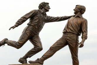 bronze statue joyful male figures