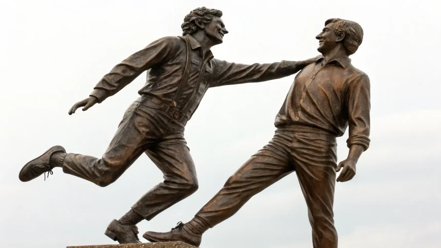 bronze statue joyful male figures