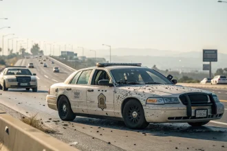 shrapnel hits highway patrol cars