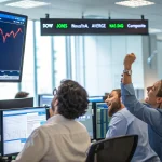 dow hits record nasdaq slips