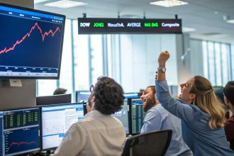 dow hits record nasdaq slips