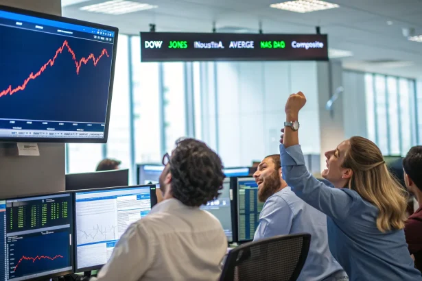 dow hits record nasdaq slips