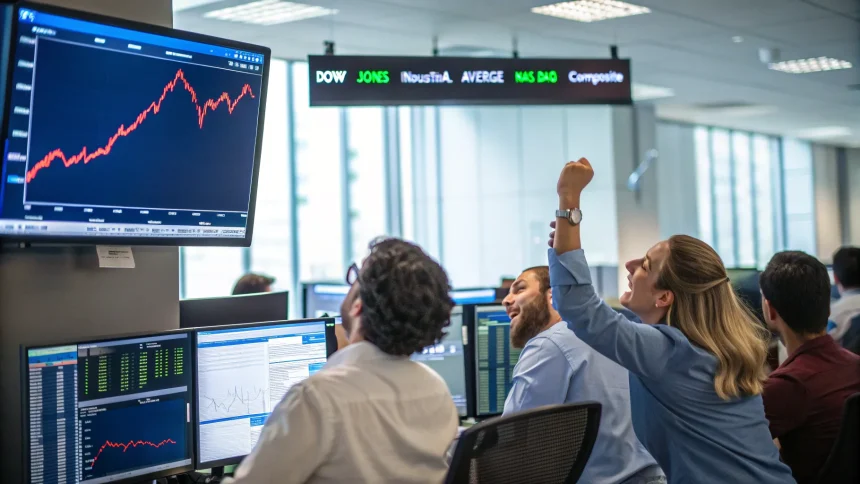 dow hits record nasdaq slips